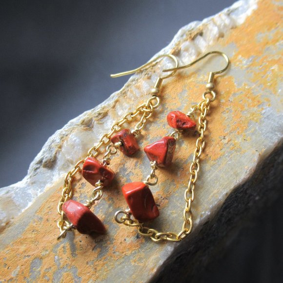 Red Jasper Rain Chain Earrings, Natural Jasper on Brass - Picture 1 of 5